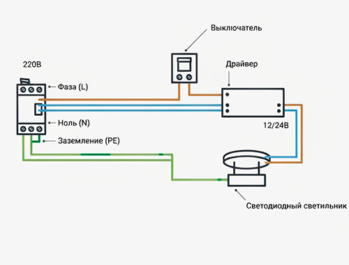 Схема подключения светодиодного светильника через выключатель